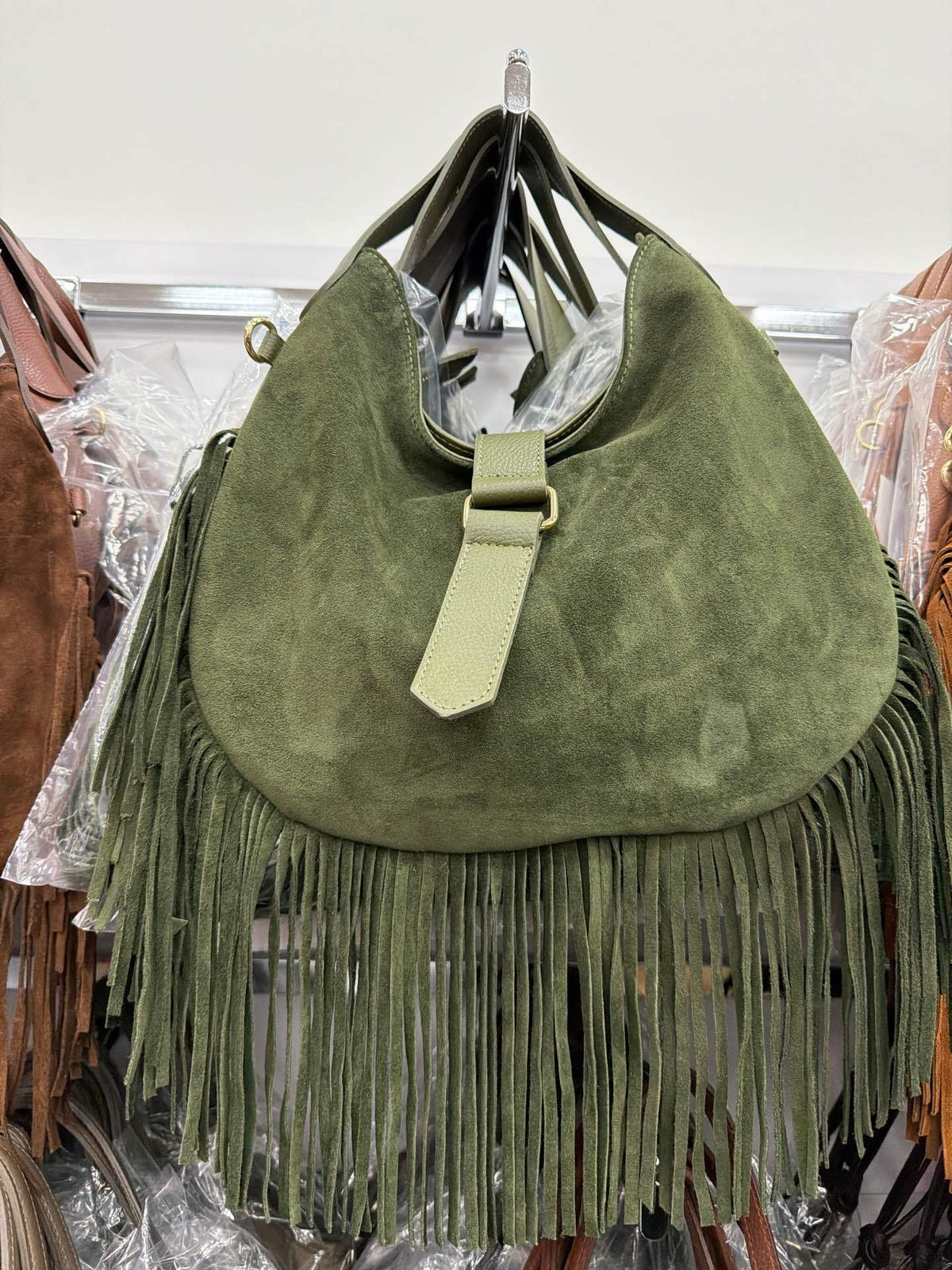 HE560 Military Green Fringe Suede Hobo Bag