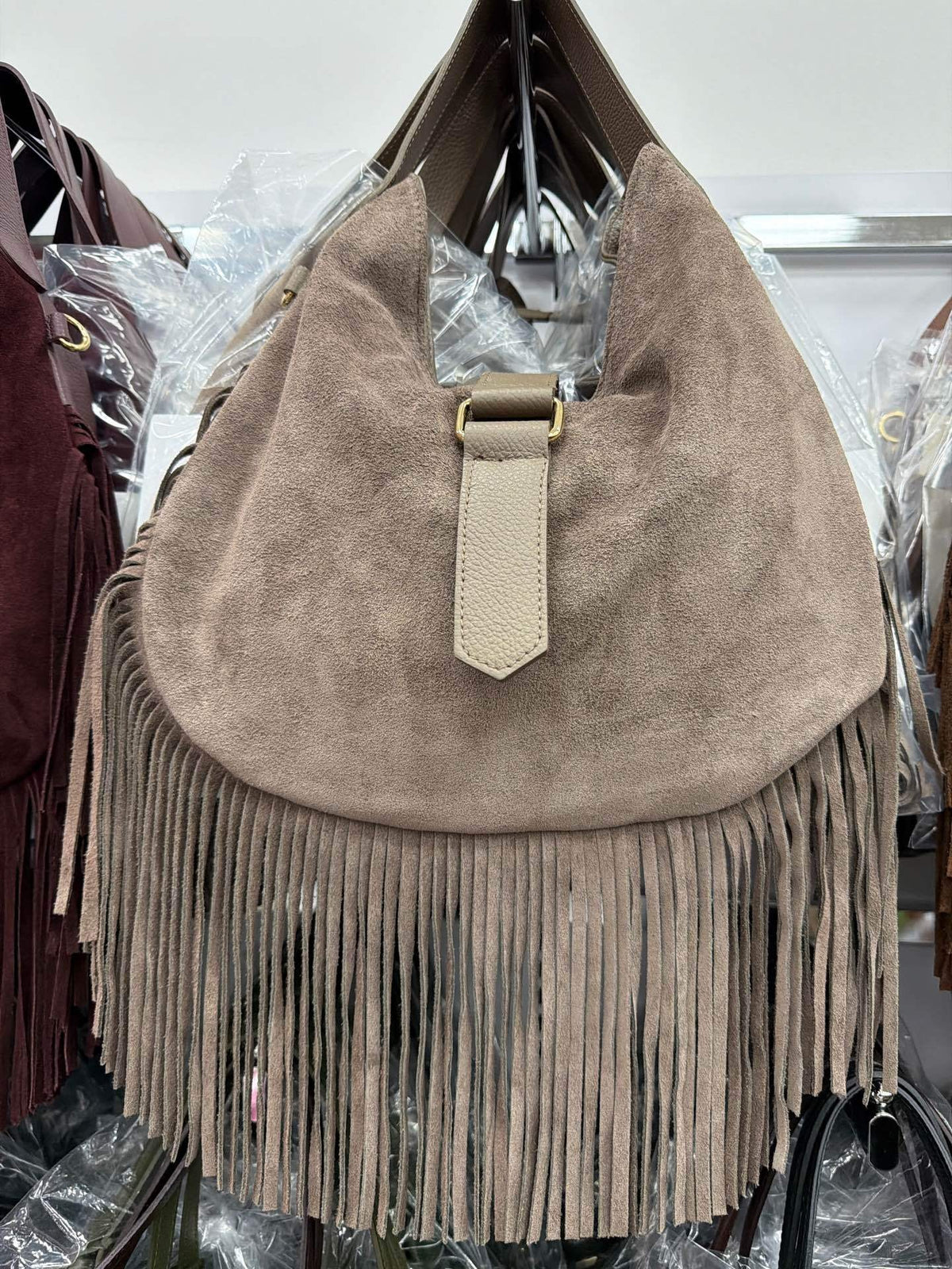 HE561 Dark Taupe Fringe Suede Hobo Bag