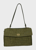 HE574 Military Green Croc-Embossed Suede Shoulder Bag