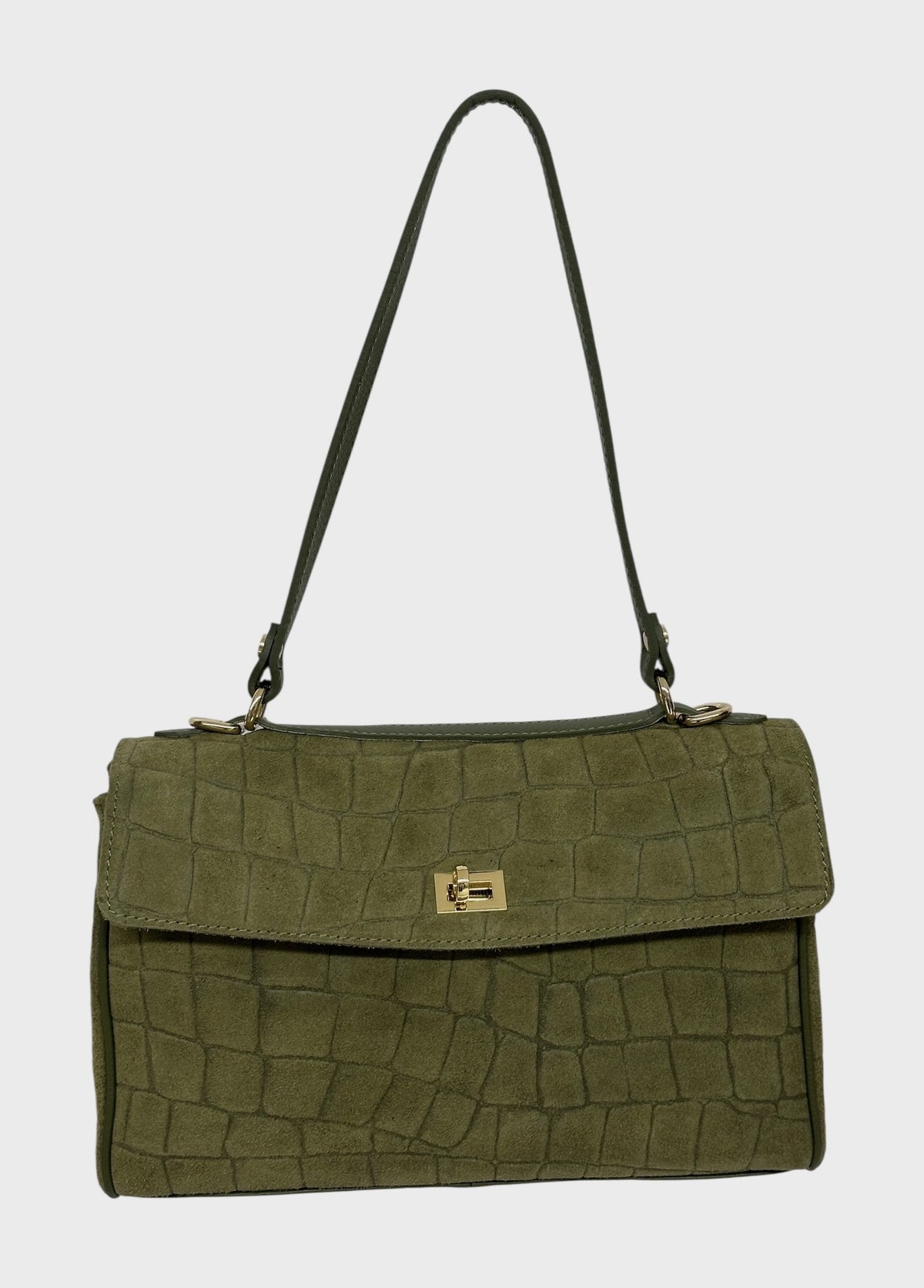 HE574 Military Green Croc-Embossed Suede Shoulder Bag