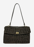HE575 Dark Brown Croc-Embossed Suede Shoulder Bag
