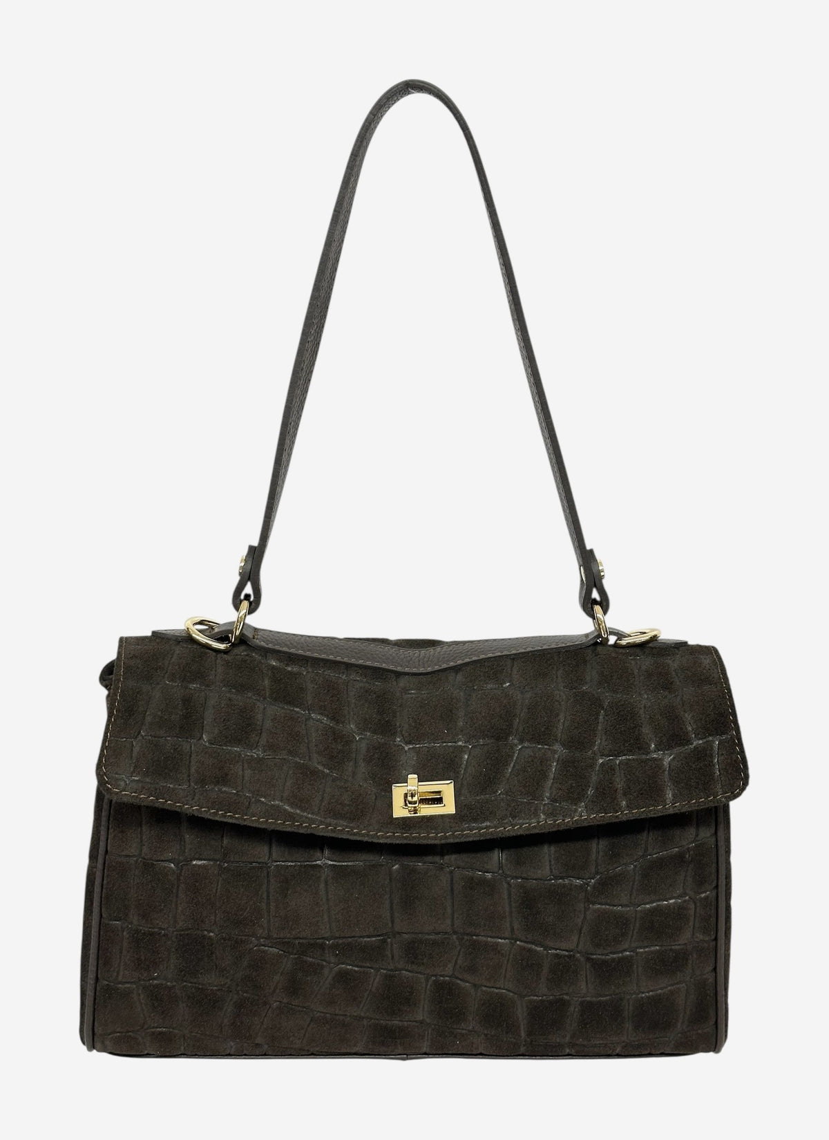 HE575 Dark Brown Croc-Embossed Suede Shoulder Bag