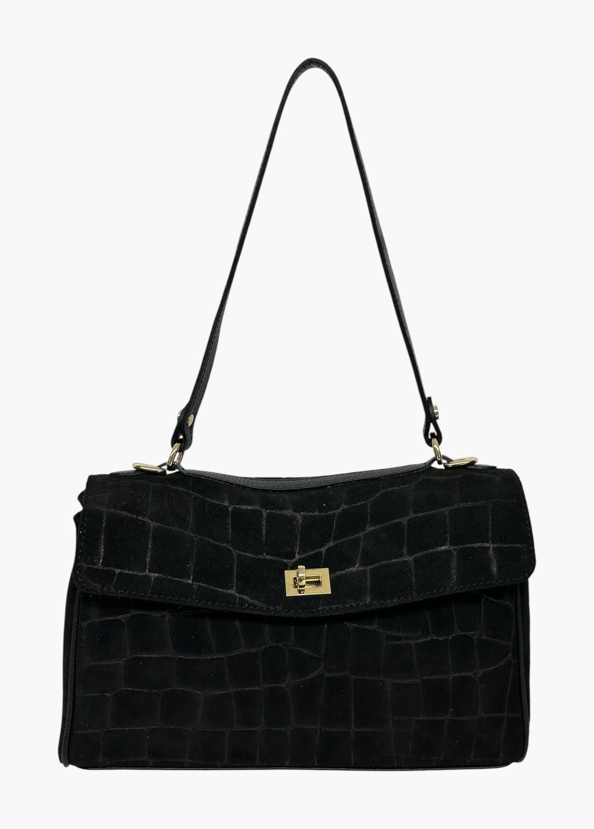 HE576 Black Croc-Embossed Suede Shoulder Bag