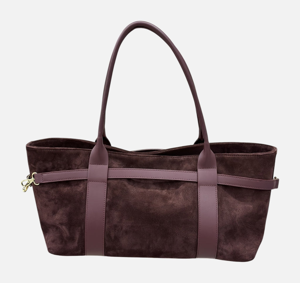 HE589 Burgundy Belted Suede Tote Bag