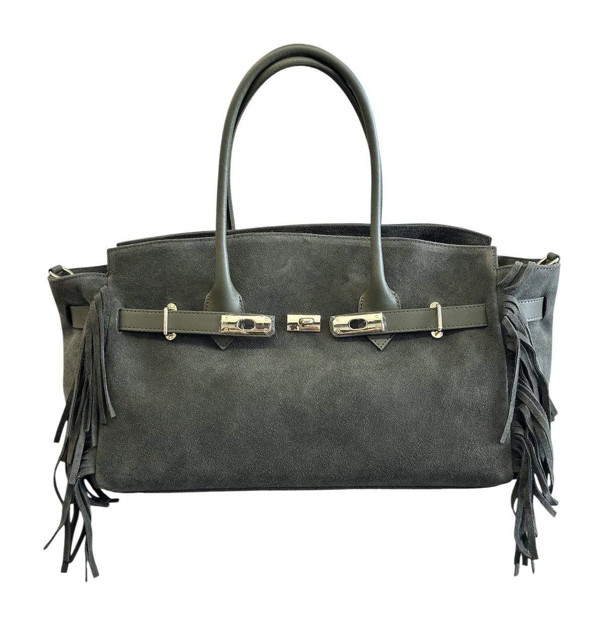 HE598 Military Green Fringe Suede Top Handle Bag