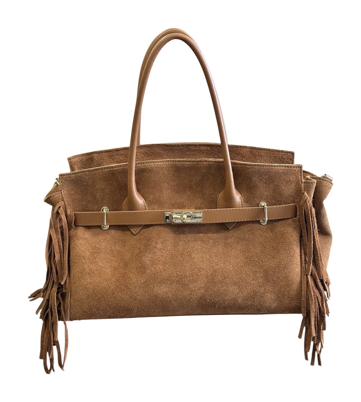 HE599 Dark Tan Fringe Suede Top Handle Bag