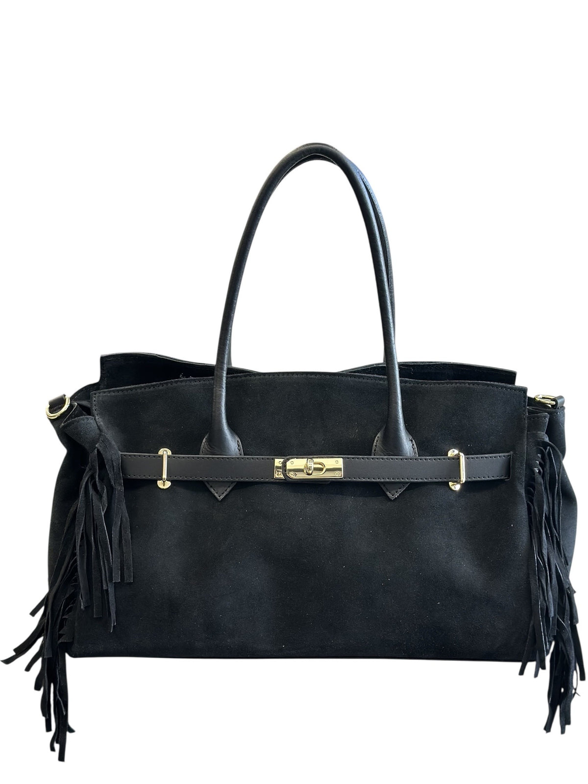HE600 Black Fringe Suede Top Handle Bag