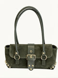 HE602 Military Green Studded Suede Shoulder Bag