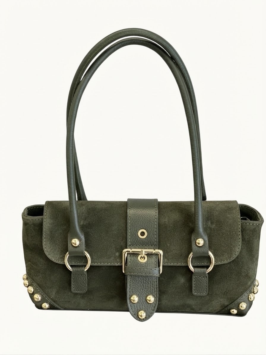 HE602 Military Green Studded Suede Shoulder Bag