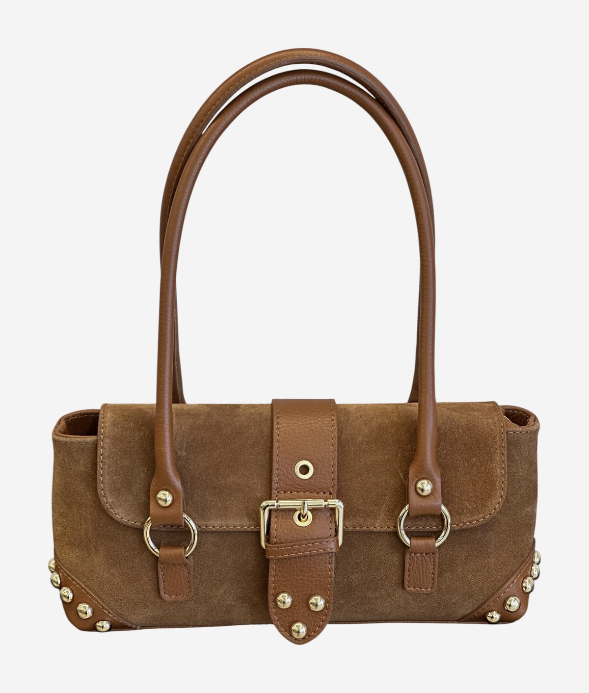 HE603 Dark Tan Studded Suede Shoulder Bag