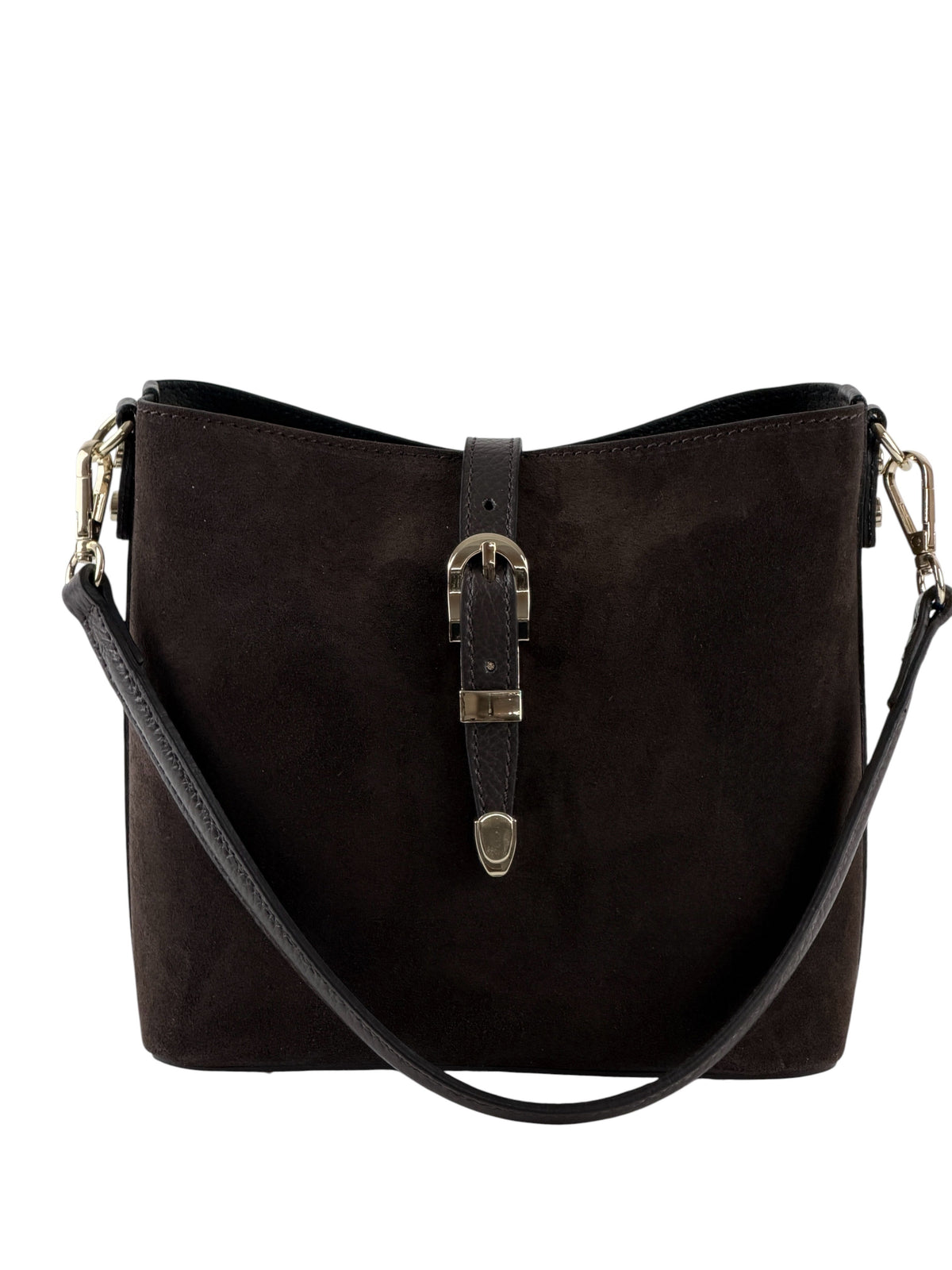 HE625 Dark Brown Buckle Suede Bucket Bag