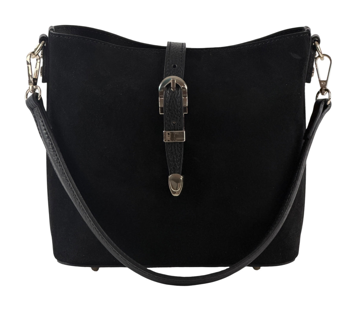 HE626 Black Buckle Suede Bucket Bag