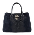 HE628 Navy Croc Trim Suede Top Handle Bag