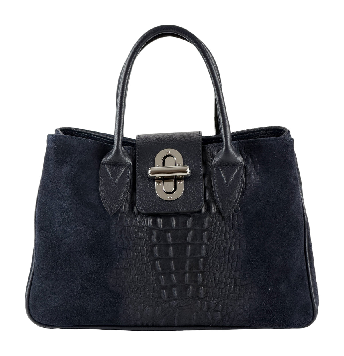 HE628 Navy Croc Trim Suede Top Handle Bag