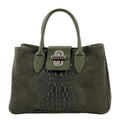 HE629 Military Green Croc Trim Suede Top Handle Bag