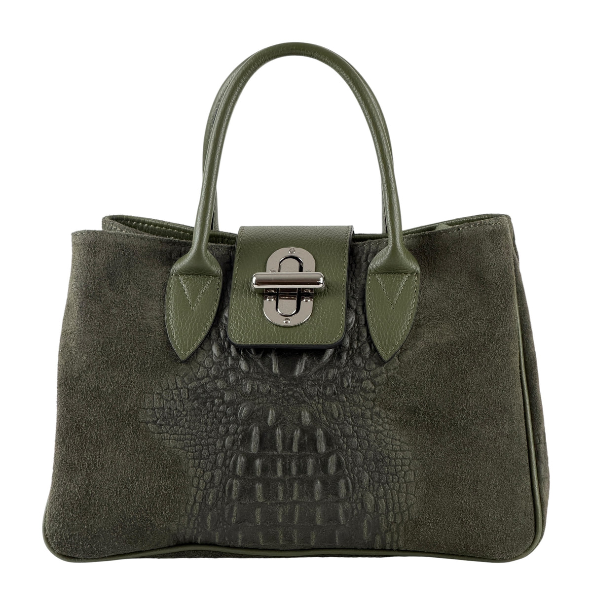HE629 Military Green Croc Trim Suede Top Handle Bag