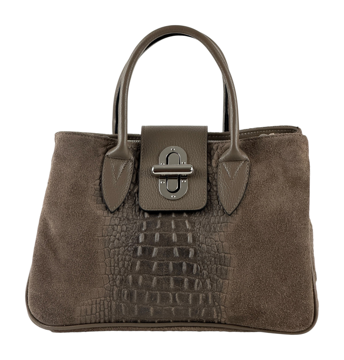 HE630 Dark Taupe Croc Trim Suede Top Handle Bag