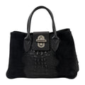 HE633 Black Croc Trim Suede Top Handle Bag