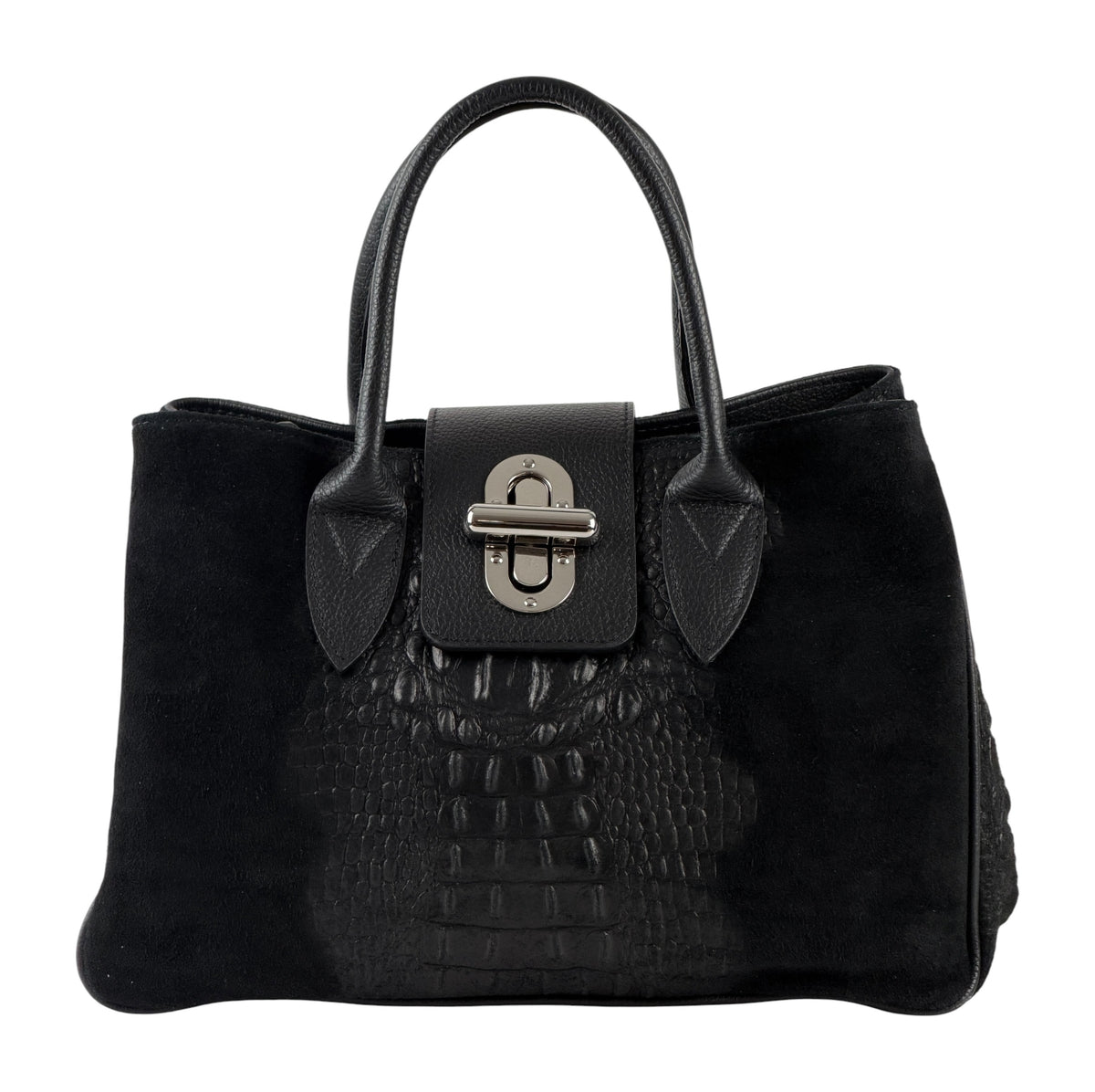 HE633 Black Croc Trim Suede Top Handle Bag
