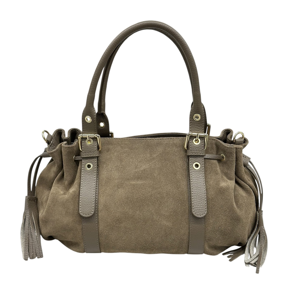 HE638 Dark Taupe Drawstring Suede Satchel