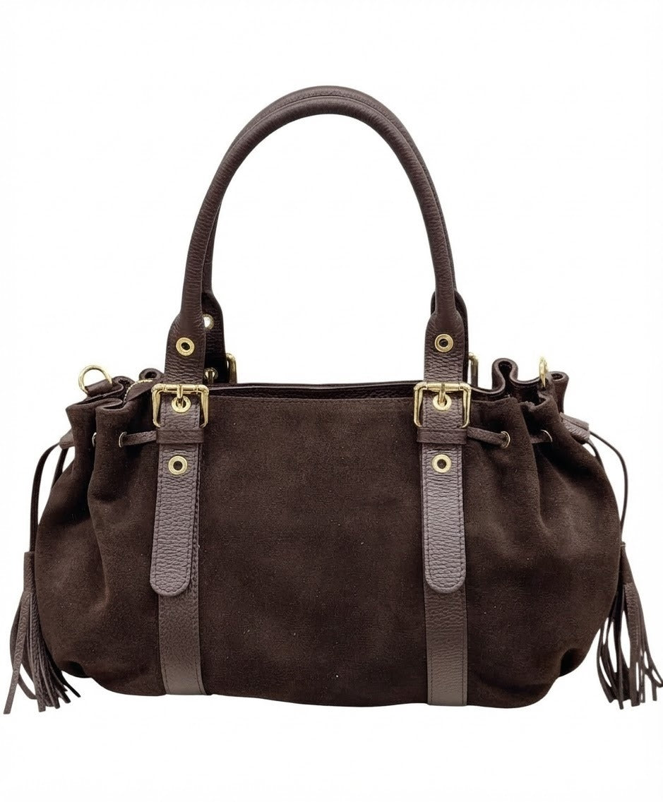 HE640 Dark Brown Drawstring Suede Satchel