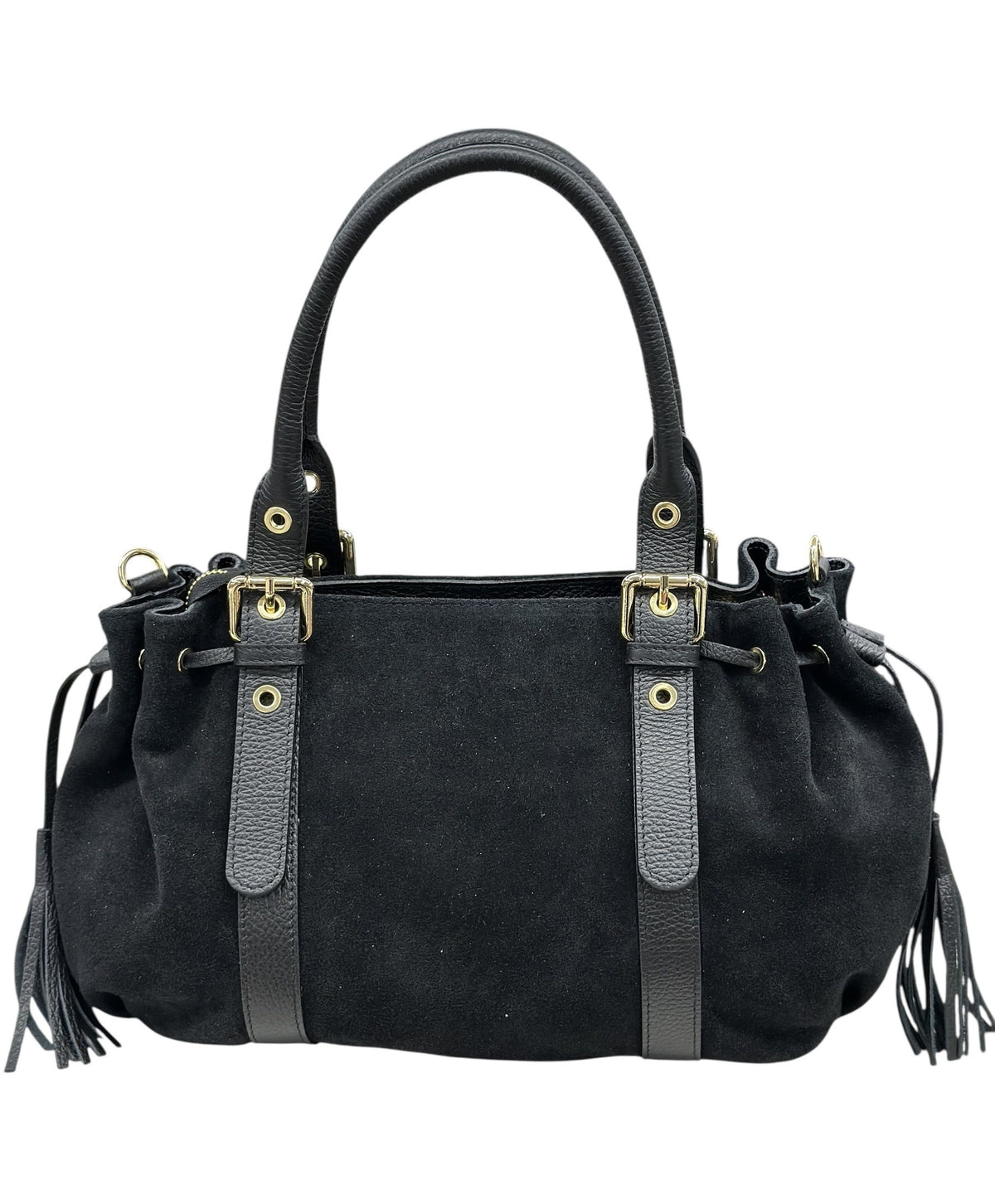 HE641 Black Drawstring Suede Satchel