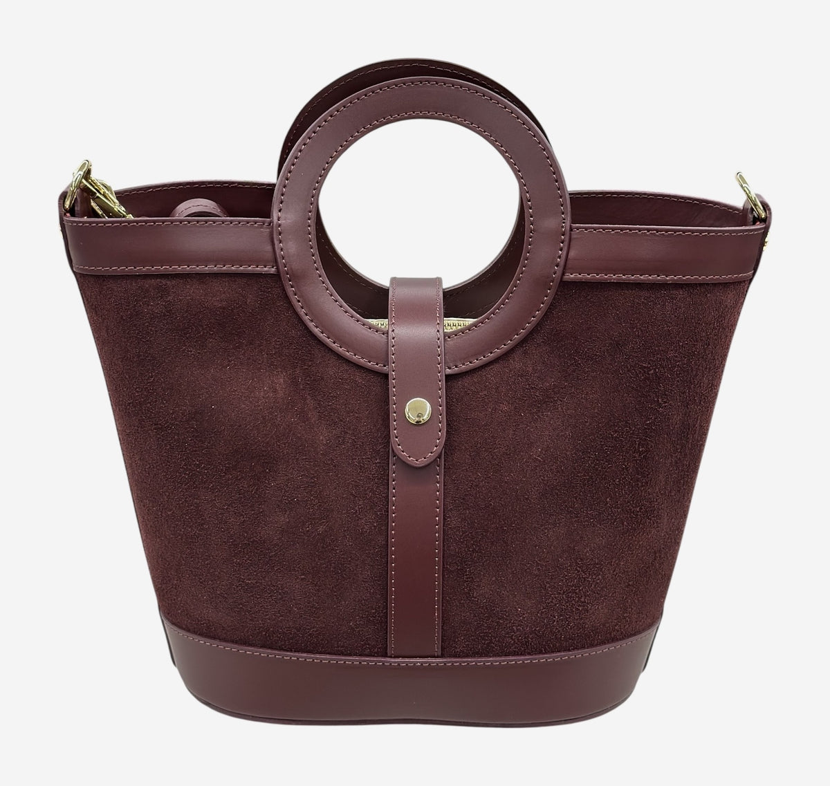 HE642 Burgundy Ring Handle Suede Bucket Bag