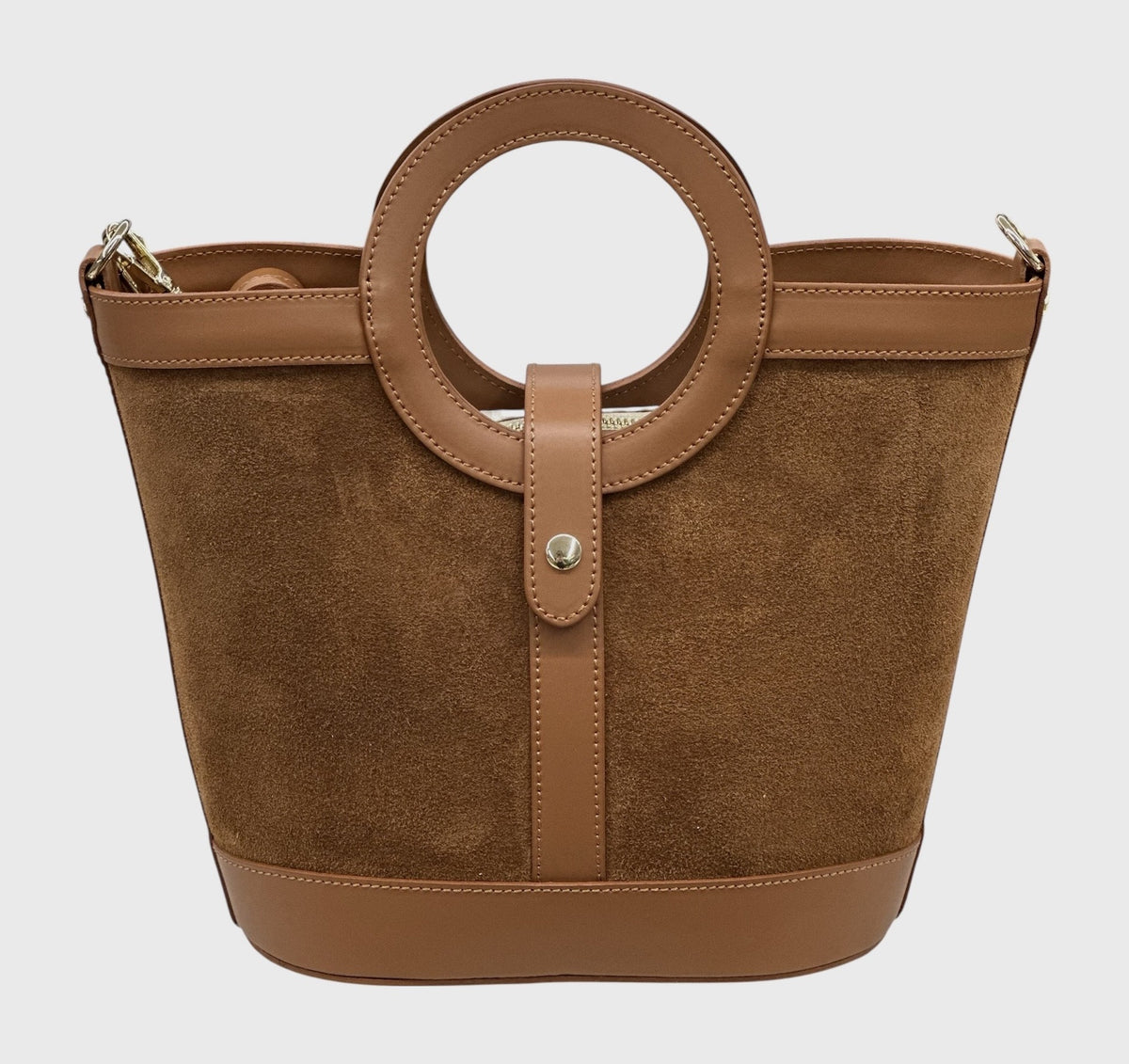 HE644 Dark Tan Ring Handle Suede Bucket Bag
