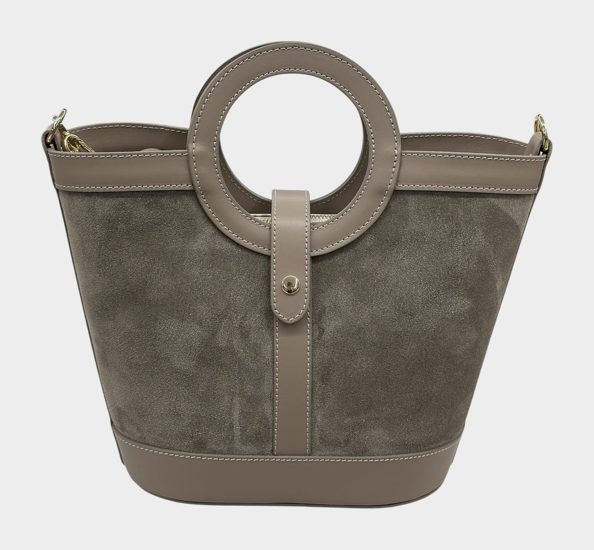 HE645 Dark Taupe Ring Handle Suede Bucket Bag