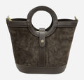 HE646 Dark Brown Ring Handle Suede Bucket Bag