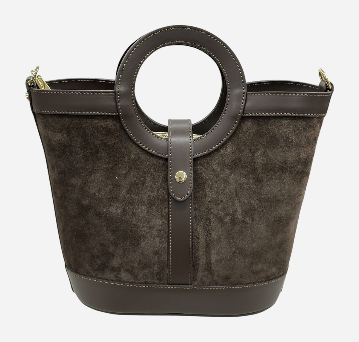 HE646 Dark Brown Ring Handle Suede Bucket Bag