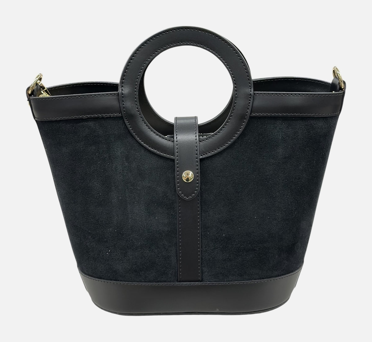 HE647 Black Ring Handle Suede Bucket Bag