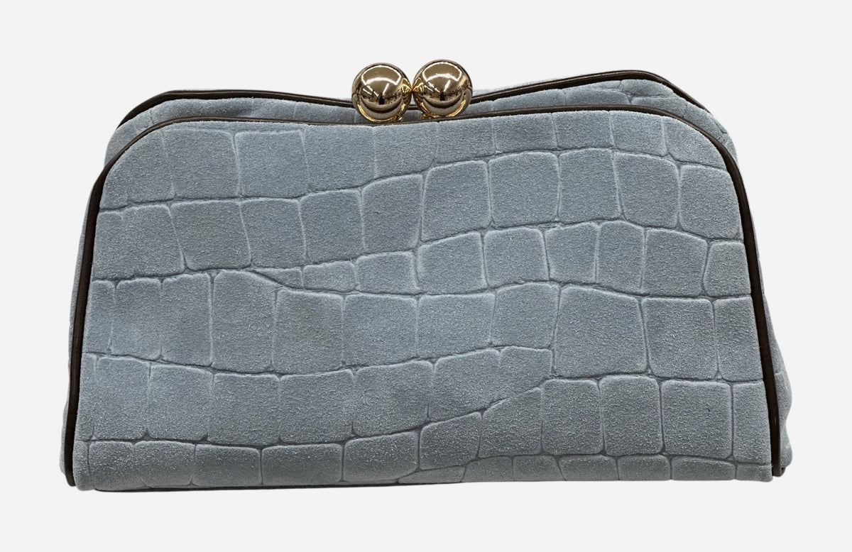 HE651 Powder Blue Croc-Embossed Suede Clutch