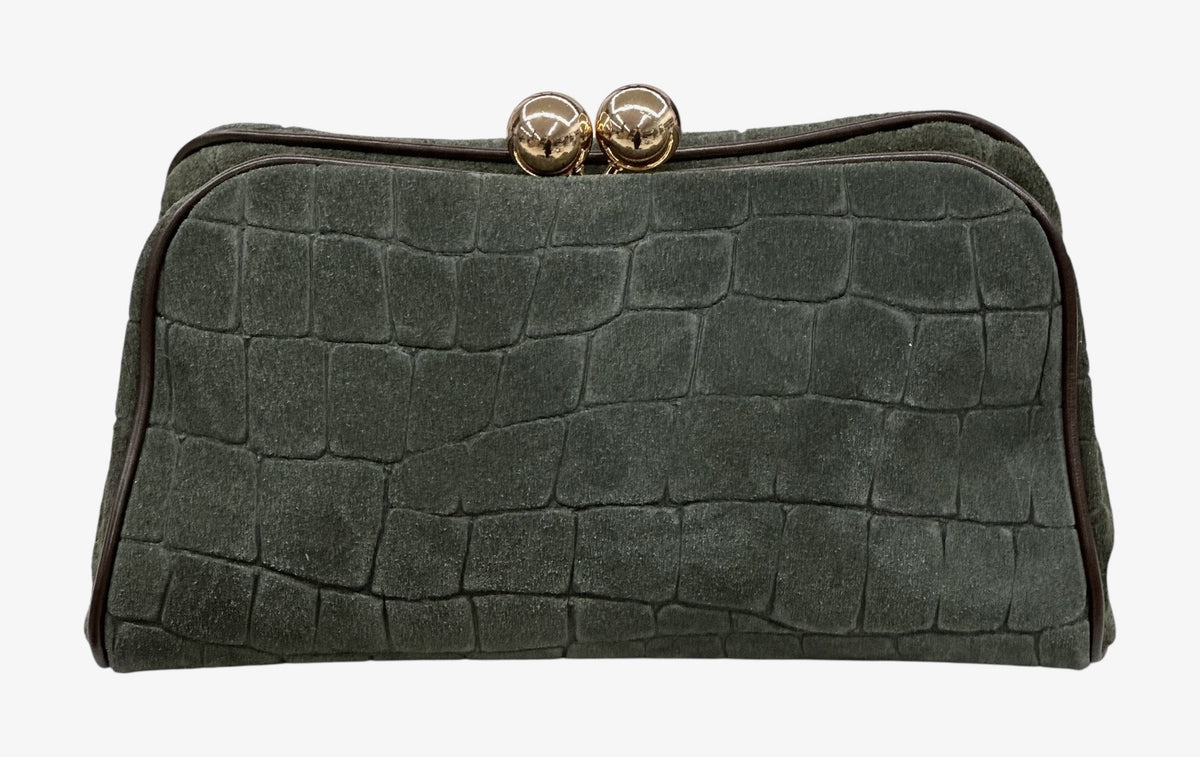HE652 Military Green Croc-Embossed Suede Clutch