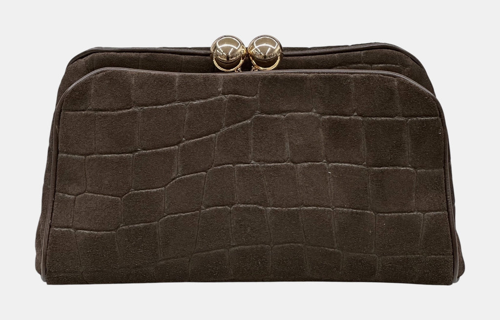 HE656 Dark Brown Croc-Embossed Suede Clutch