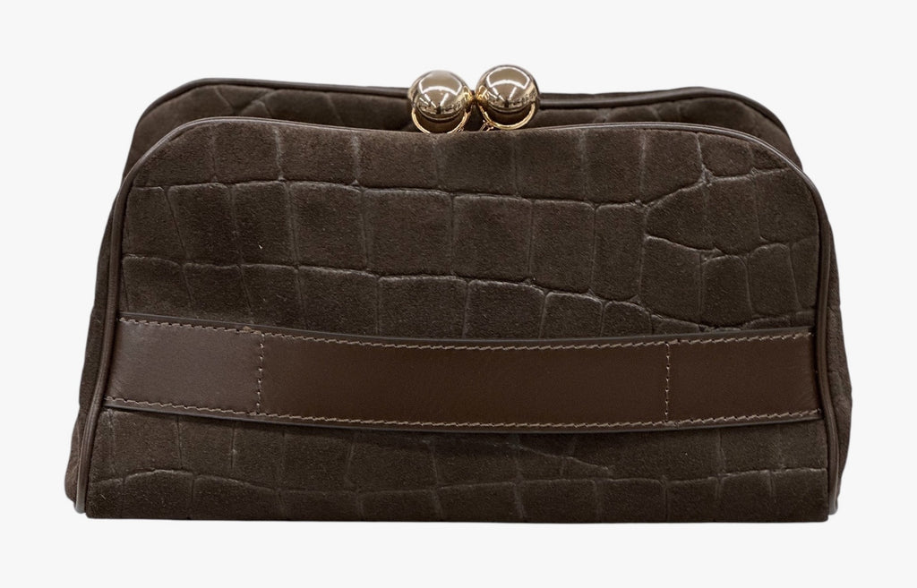 HE656 Dark Brown Croc-Embossed Suede Clutch