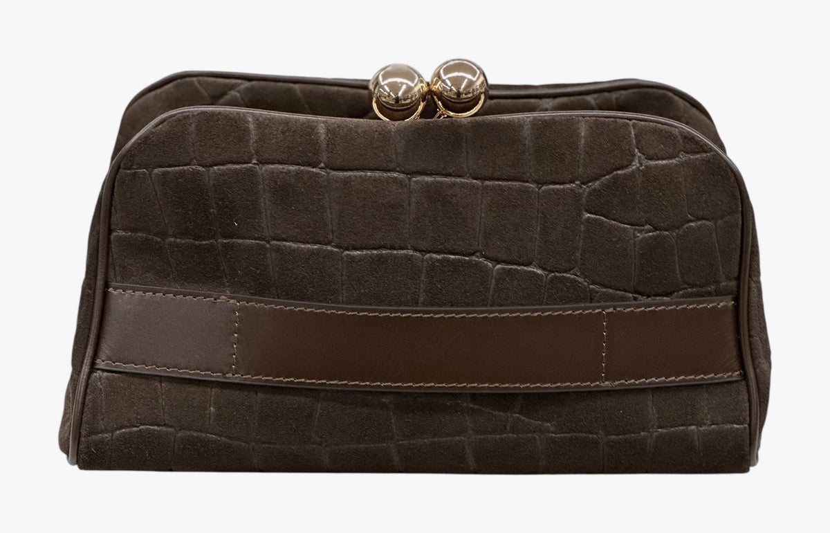 HE656 Dark Brown Croc-Embossed Suede Clutch