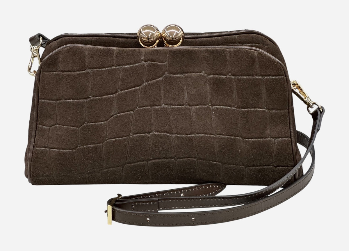HE656 Dark Brown Croc-Embossed Suede Clutch