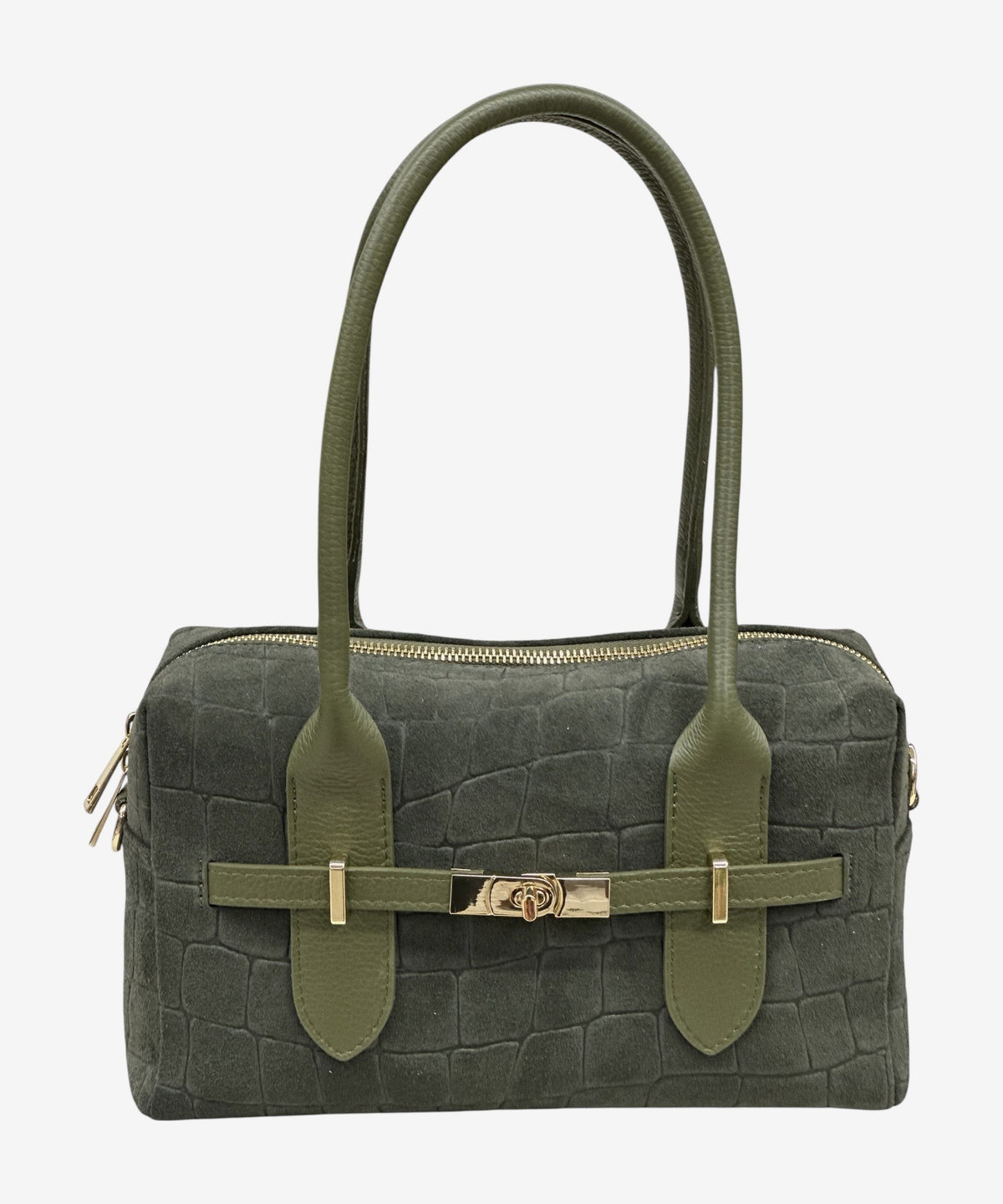 HE658 Military Green Croc-Embossed Suede Shoulder Bag