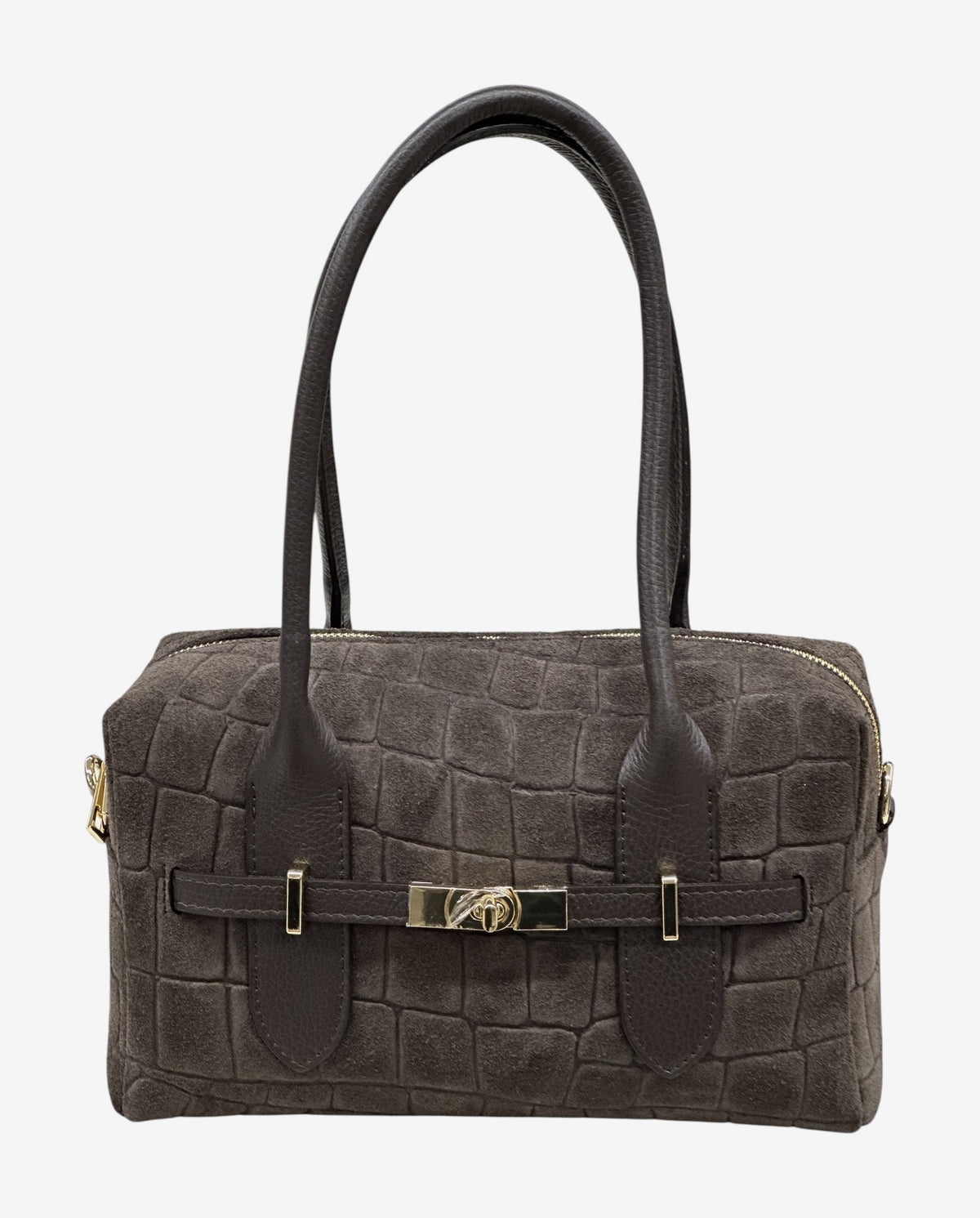 HE661 Dark Brown Croc-Embossed Suede Shoulder Bag