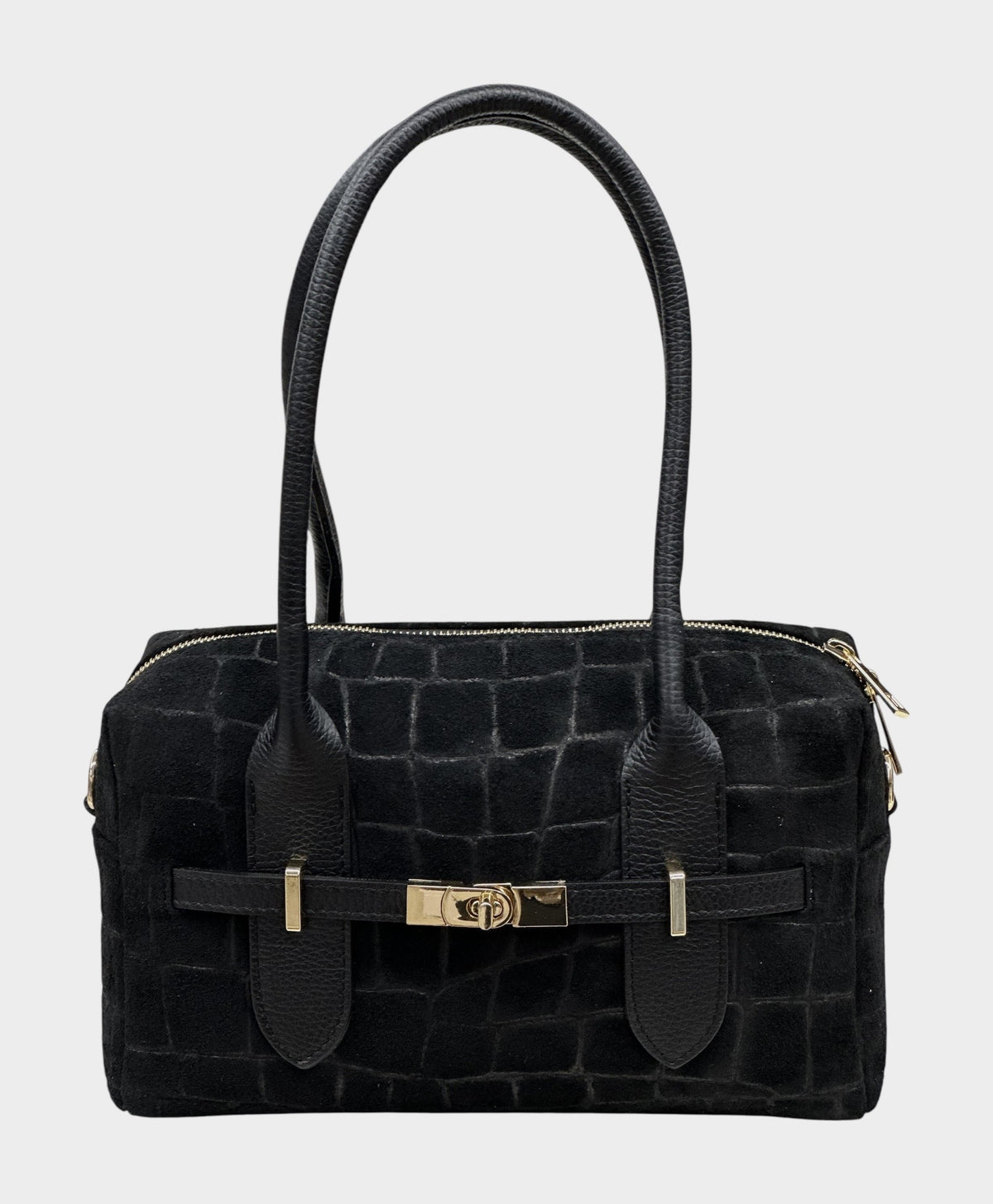 HE662 Black Croc-Embossed Suede Shoulder Bag