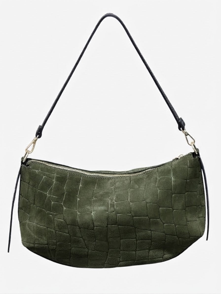HE663 Military Green Croc-Embossed Suede Hobo Bag