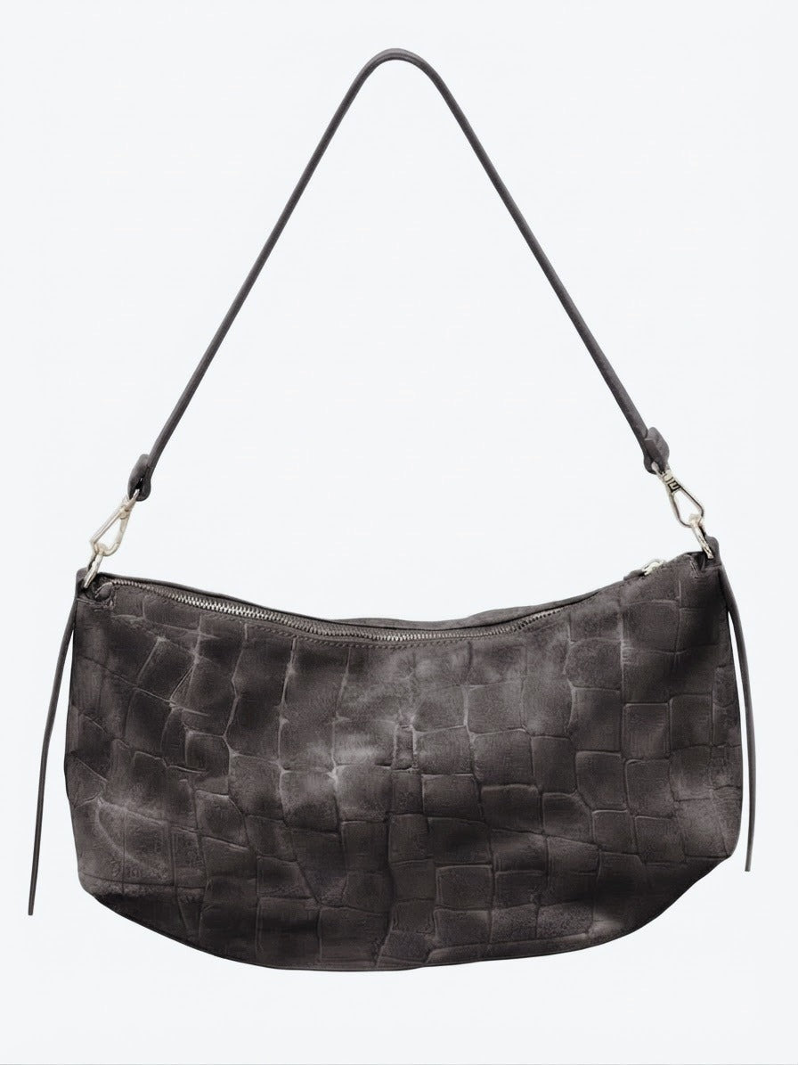 HE665 Dark Brown Croc-Embossed Suede Hobo Bag