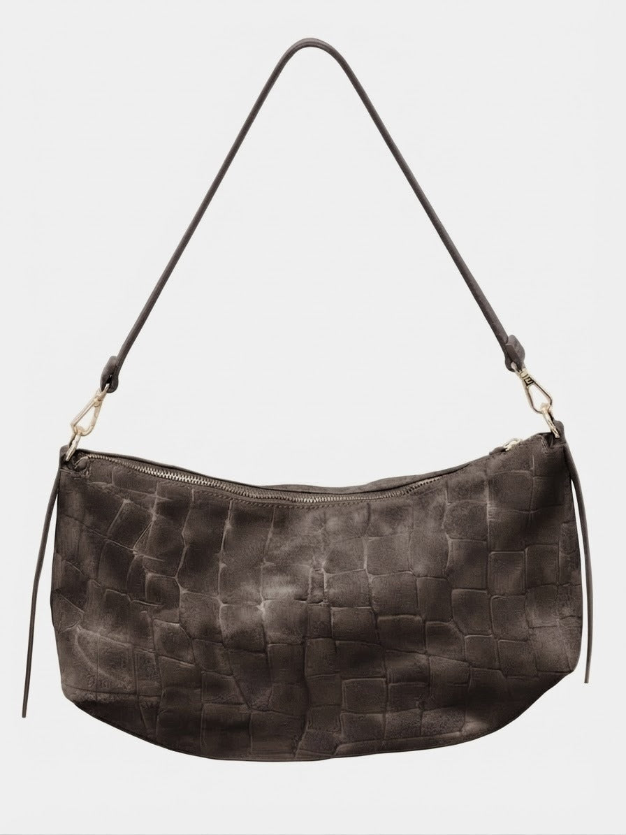 HE666 Dark Taupe Croc-Embossed Suede Hobo Bag