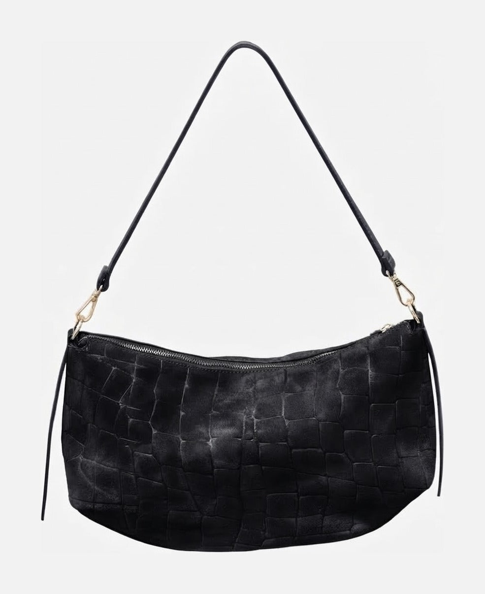HE667 Black Croc-Embossed Suede Hobo Bag
