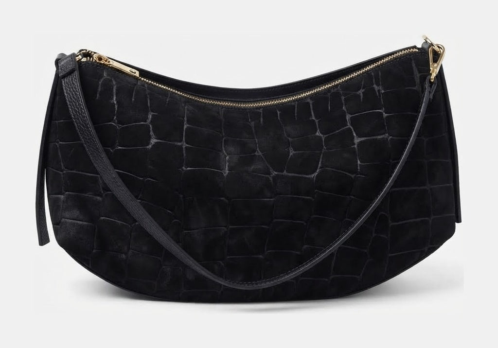 HE667 Black Croc-Embossed Suede Hobo Bag