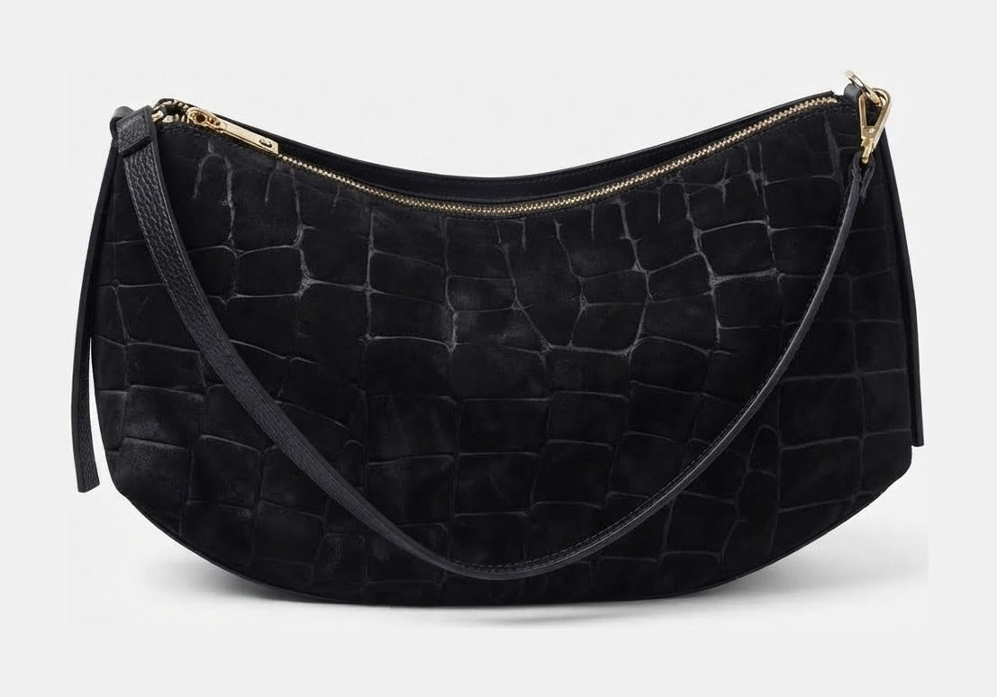 HE667 Black Croc-Embossed Suede Hobo Bag