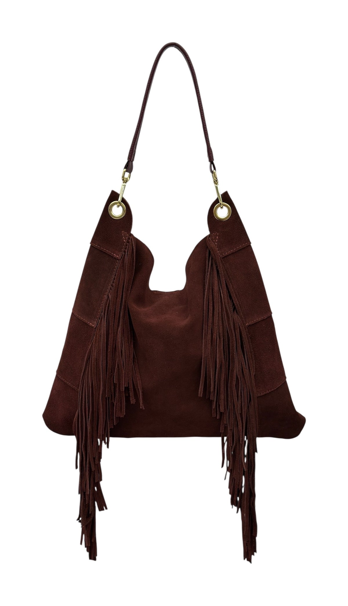 HE668 Burgundy Fringe Suede Hobo Bag