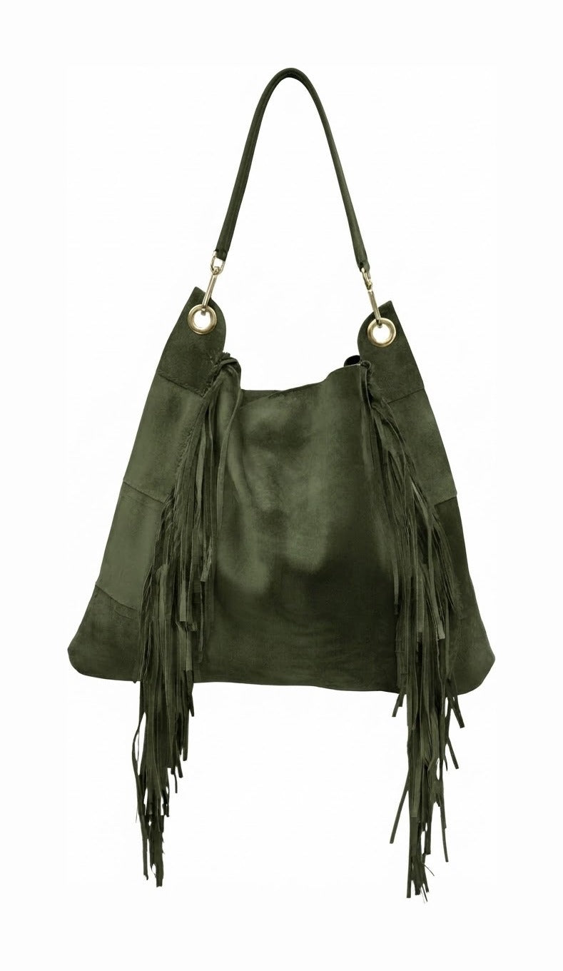HE669 Forest Green Fringe Suede Hobo Bag