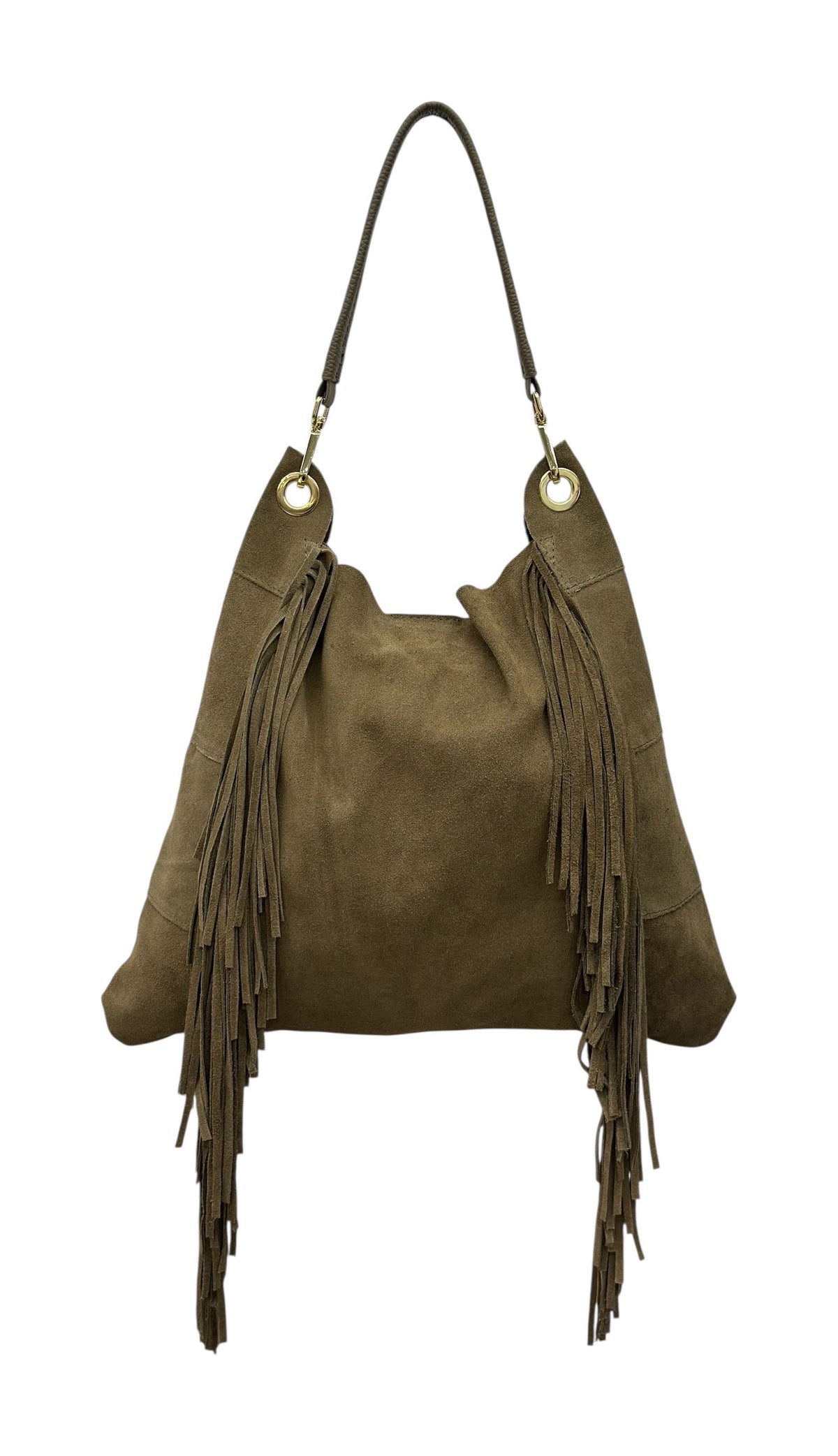 HE670 Dark Taupe Fringe Suede Hobo Bag